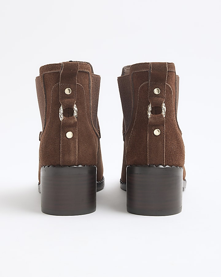 Brown suede block heeled ankle boots