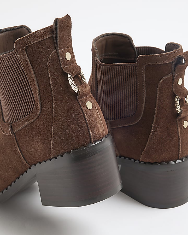 Brown suede block heeled ankle boots
