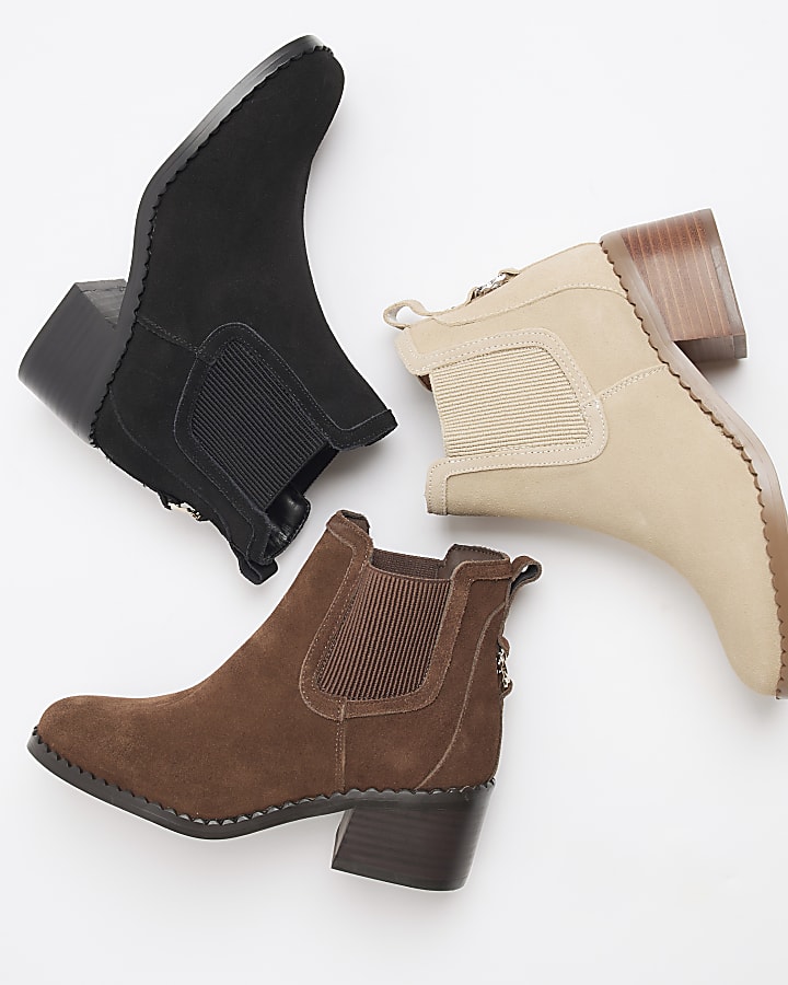 Brown suede block heeled ankle boots