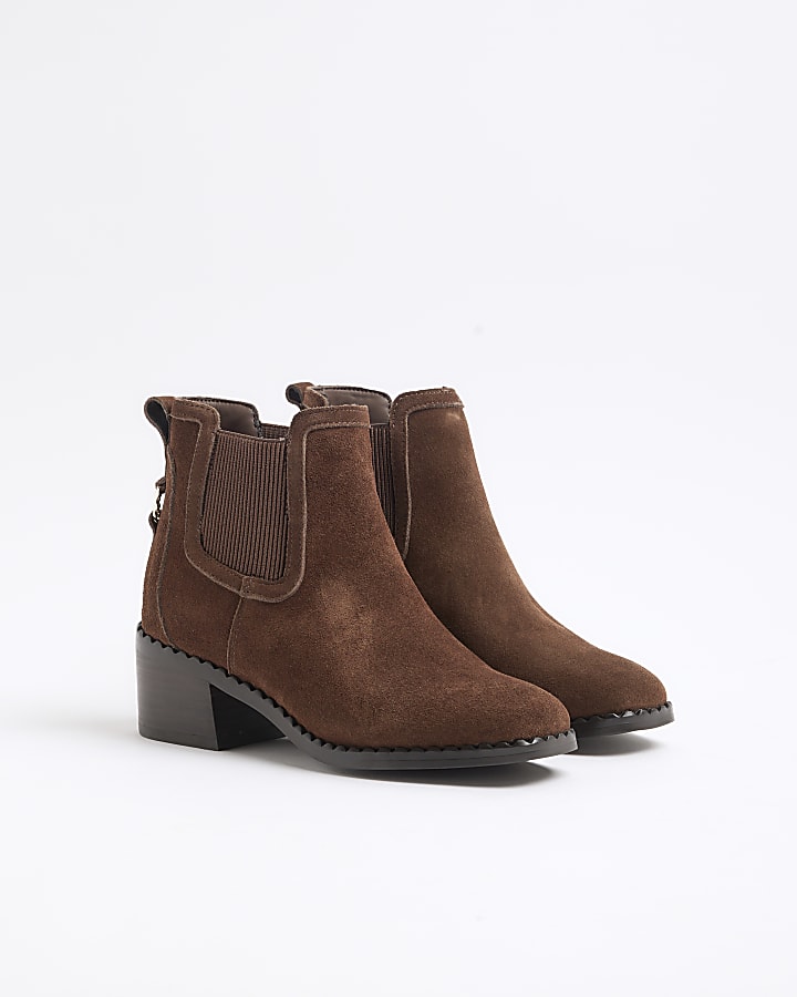 Brown suede block heeled ankle boots