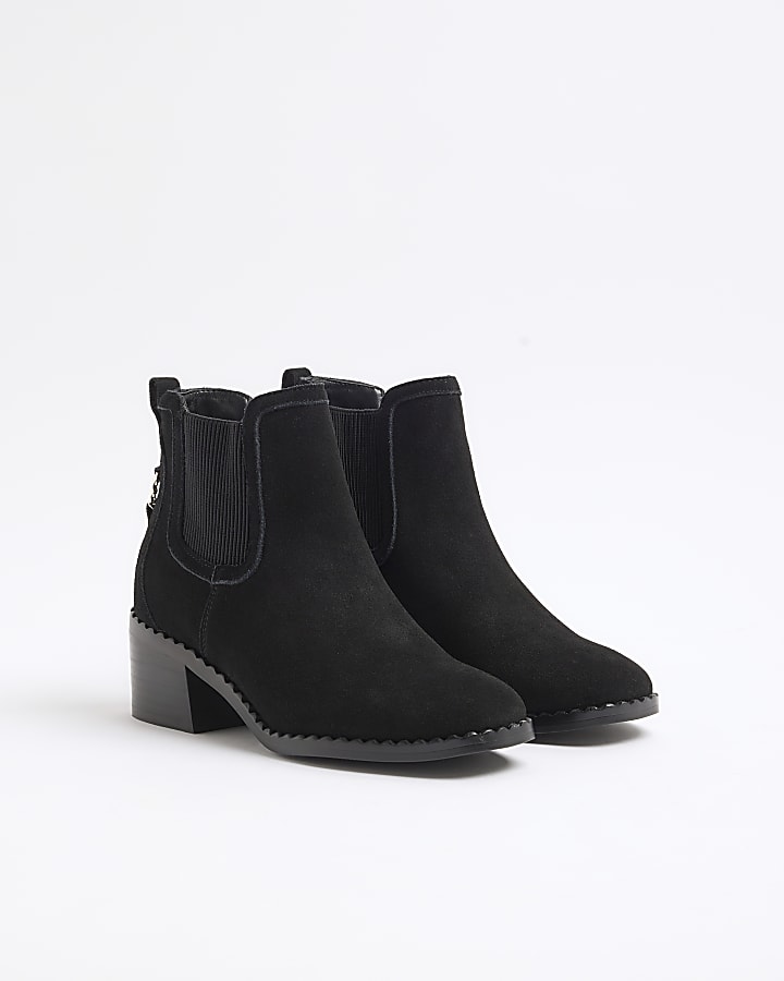 Black suede block heeled ankle boots