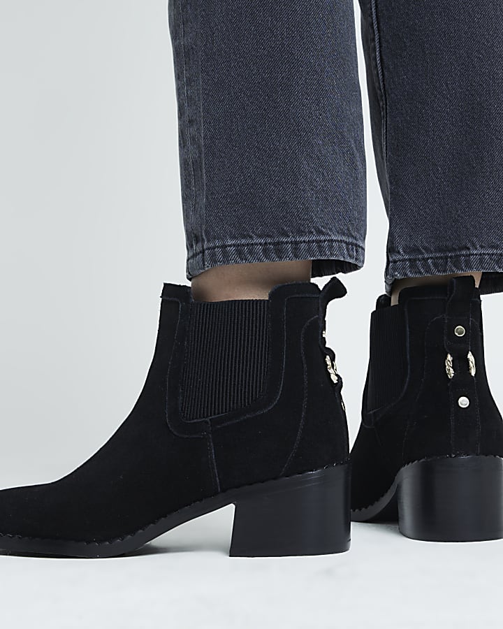 Black suede block heeled ankle boots River Island