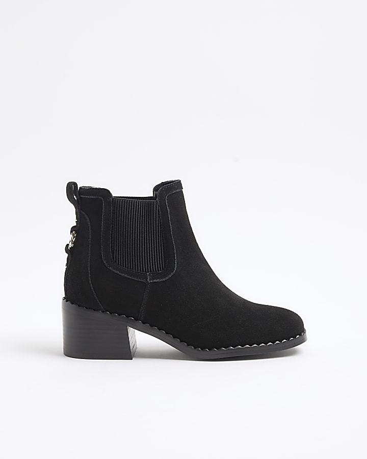 Black suede block heeled ankle boots