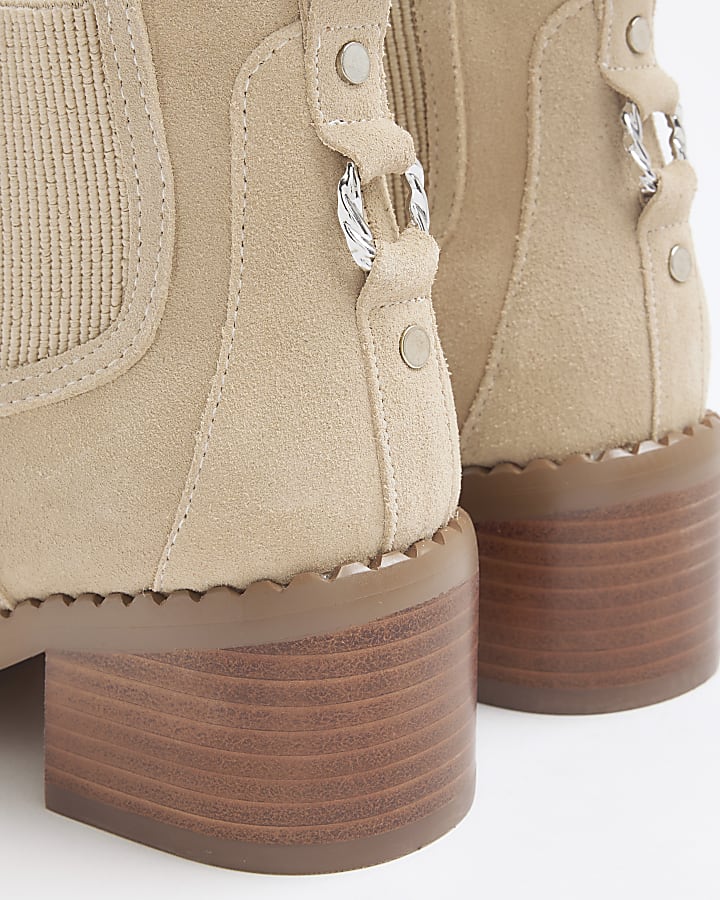Beige suede block heeled ankle boots