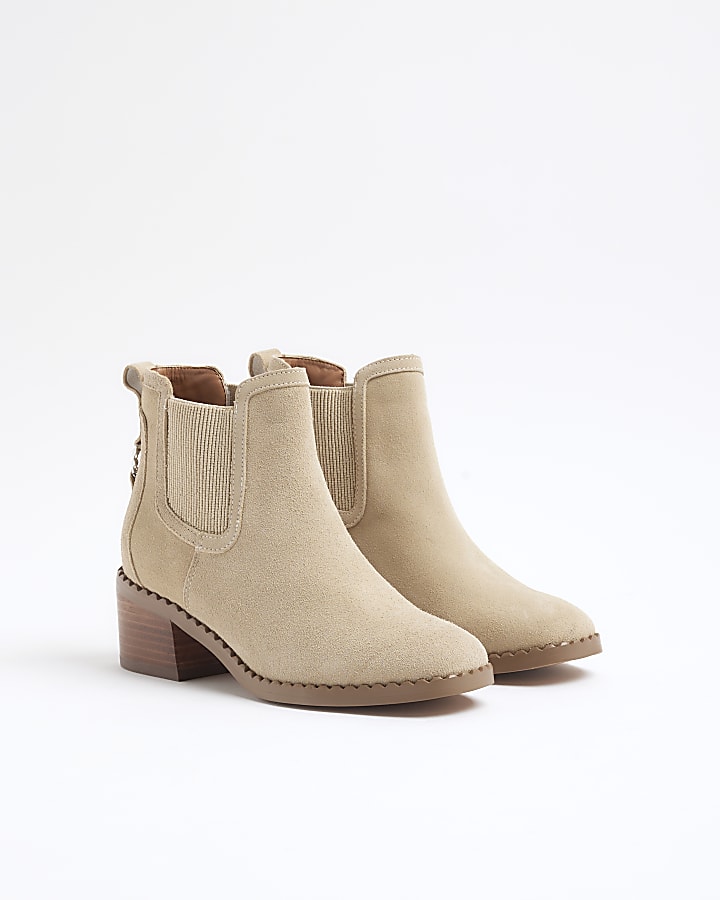 Beige suede block heeled ankle boots