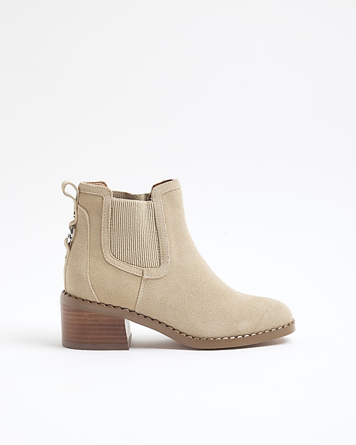 Beige suede block heeled ankle boots
