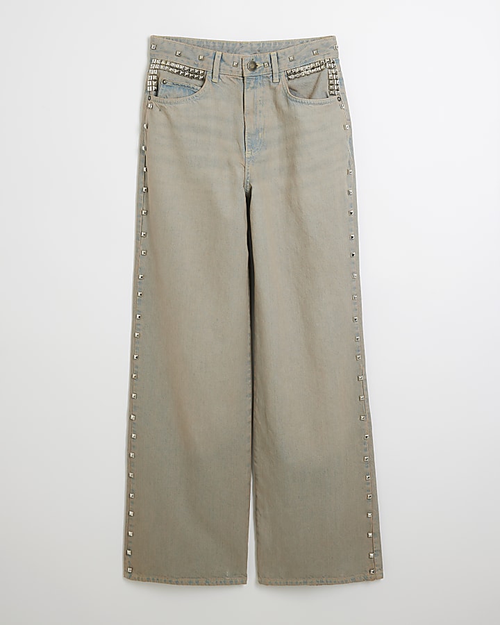 Grey studded high rise wide leg jeans