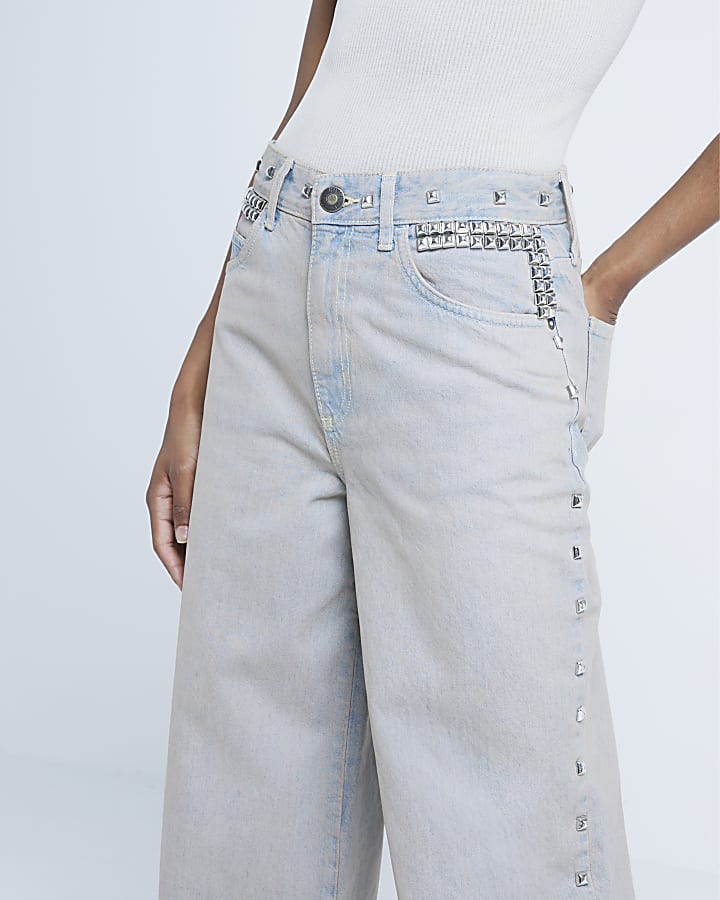 Grey studded high rise wide leg jeans