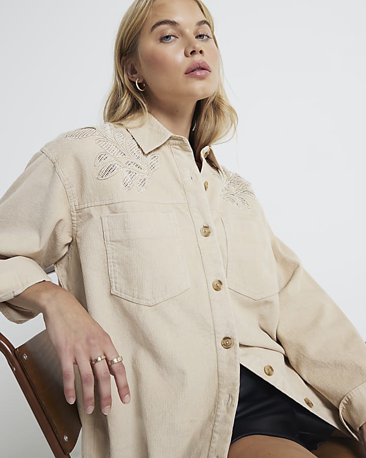 Beige corduroy broderie detail shirt