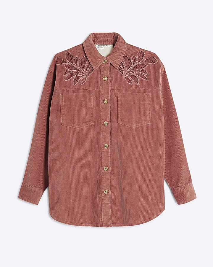 Pink Loose Fit Corduroy Cutwork Shirt