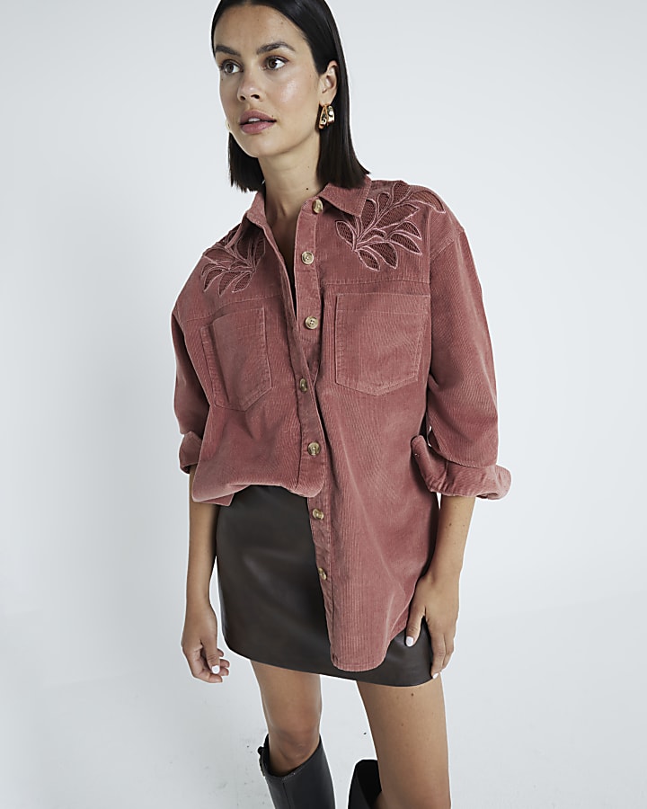 Pink Loose Fit Corduroy Cutwork Shirt