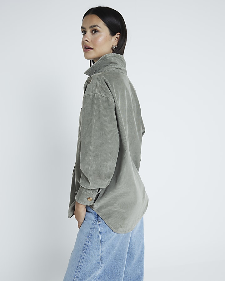 Khaki Loose Fit Corduroy Cutwork Shirt
