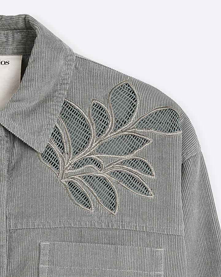Khaki Loose Fit Corduroy Cutwork Shirt