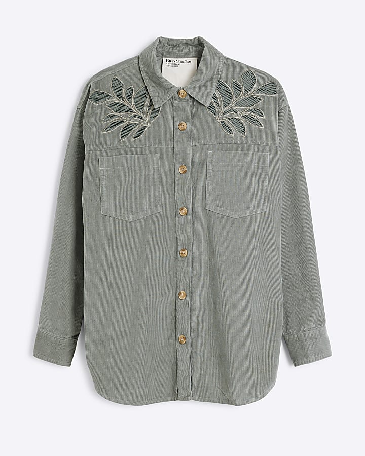 Khaki Loose Fit Corduroy Cutwork Shirt