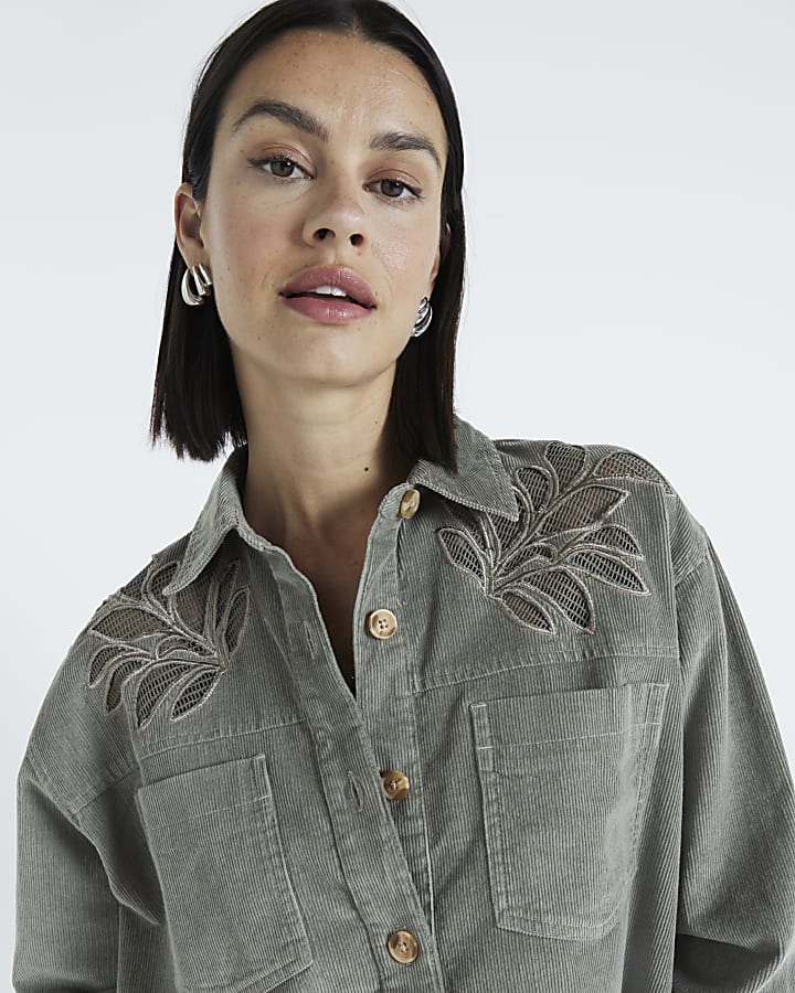 Khaki Loose Fit Corduroy Cutwork Shirt