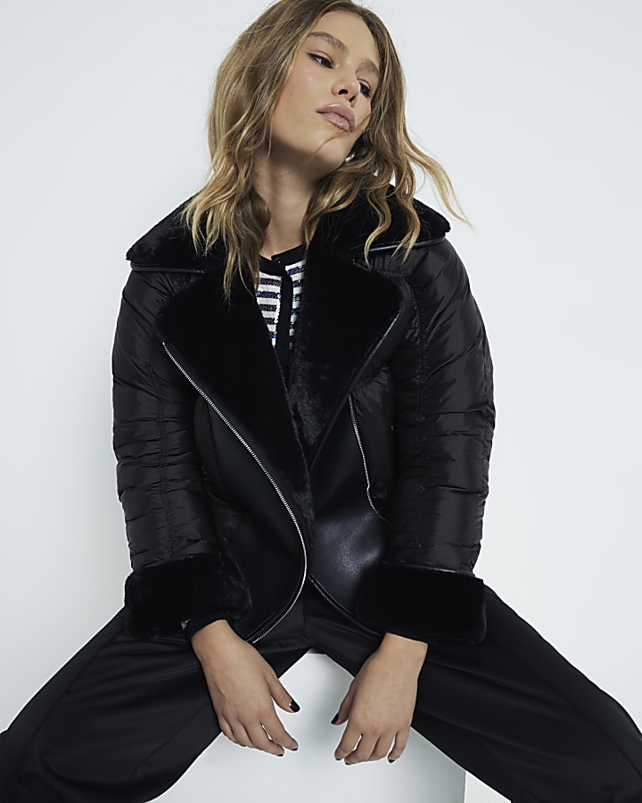 Black Faux Leather Puffer Aviator Jacket