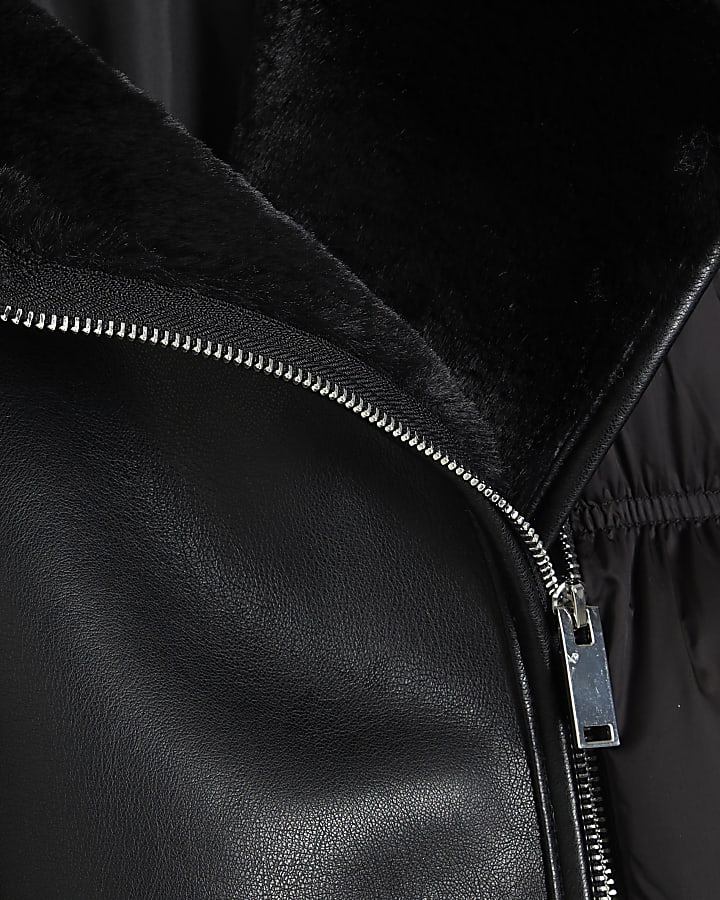 Black Faux Leather Puffer Aviator Jacket