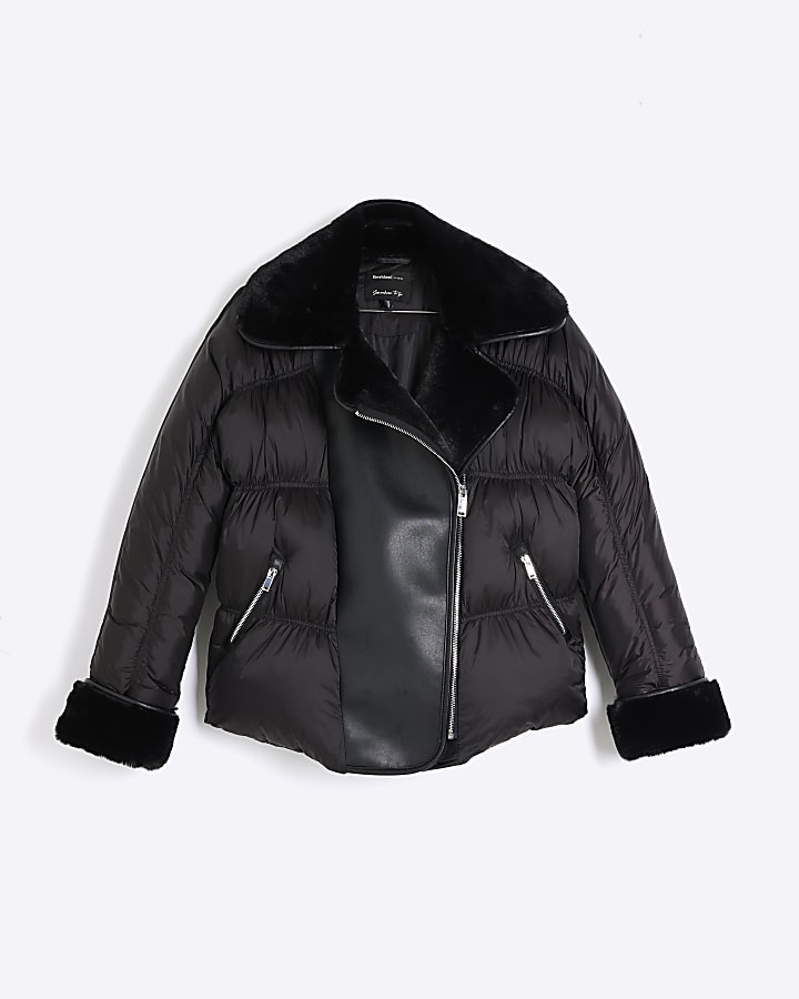 Black Faux Leather Puffer Aviator Jacket
