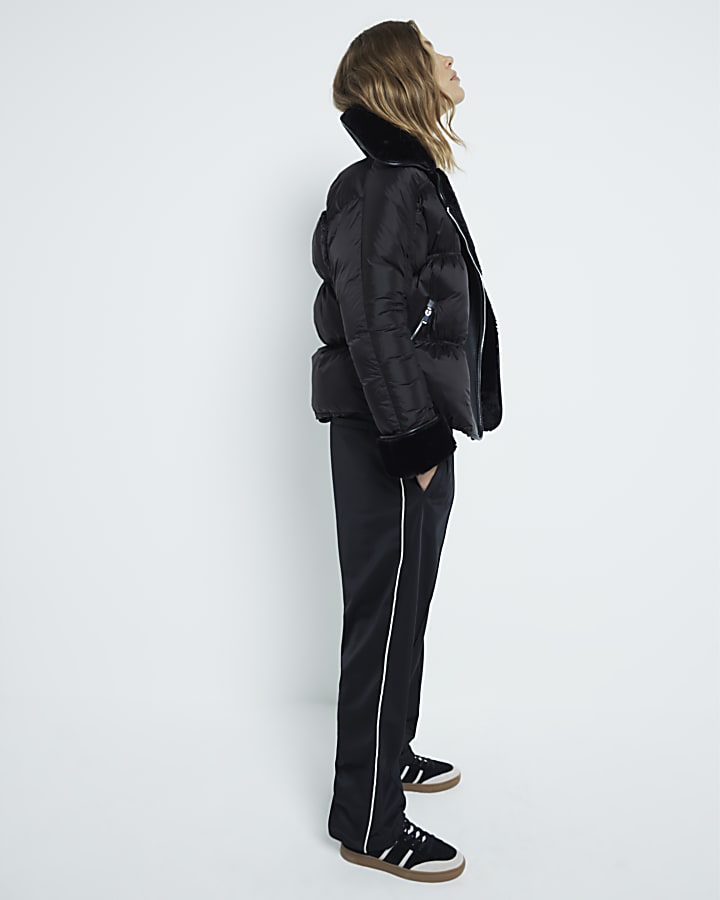 Black Faux Leather Puffer Aviator Jacket