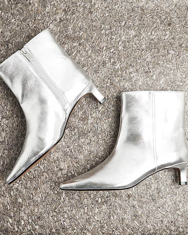 Silver Kitten Heeled Ankle Boots