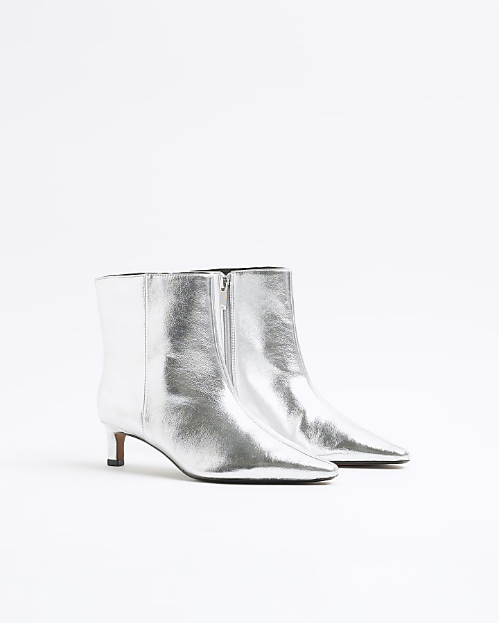 Silver Kitten Heeled Ankle Boots