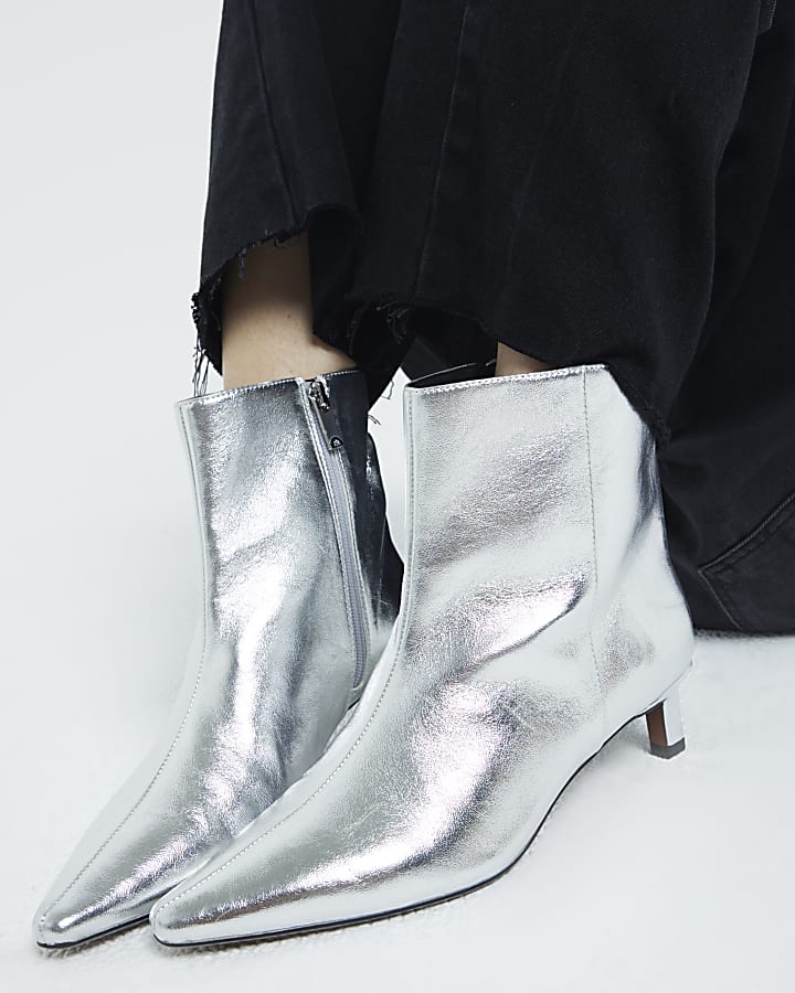 Silver Kitten Heeled Ankle Boots