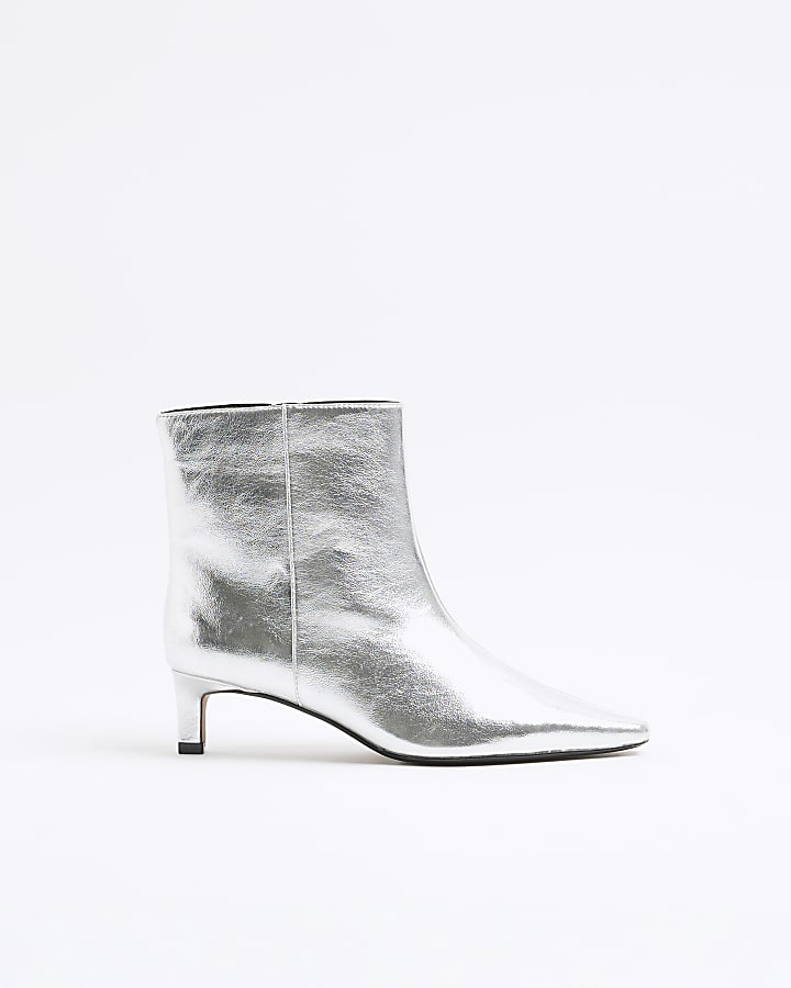 Silver Kitten Heeled Ankle Boots