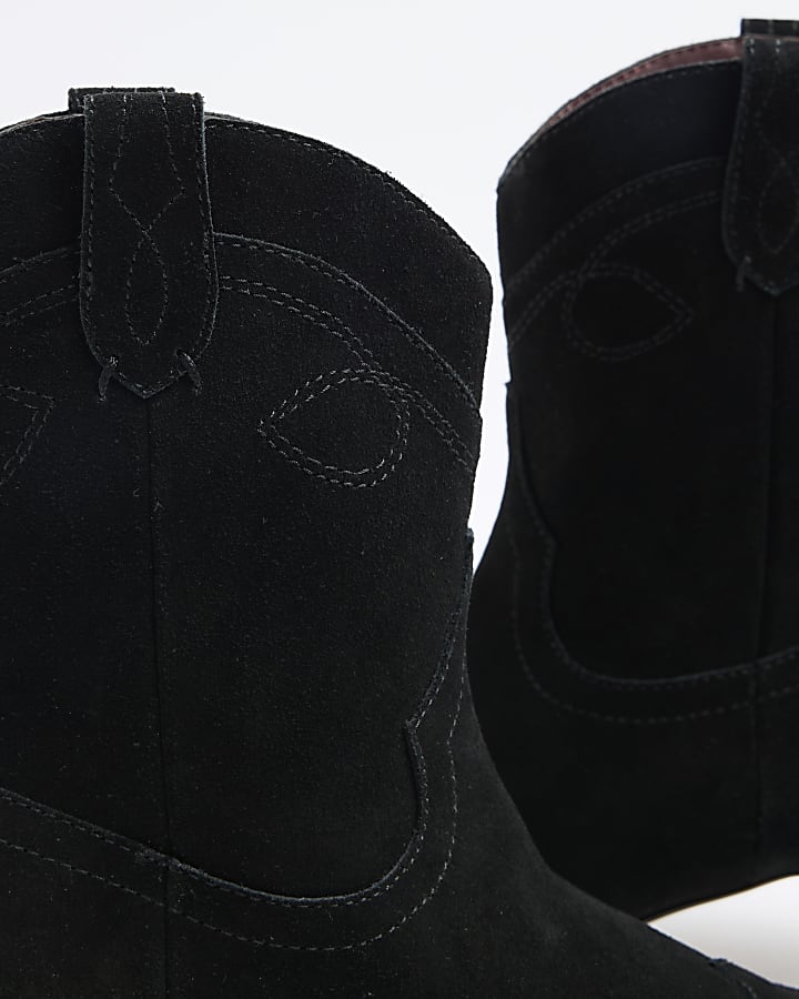 Black Suede Kitten Heeled Western Boots