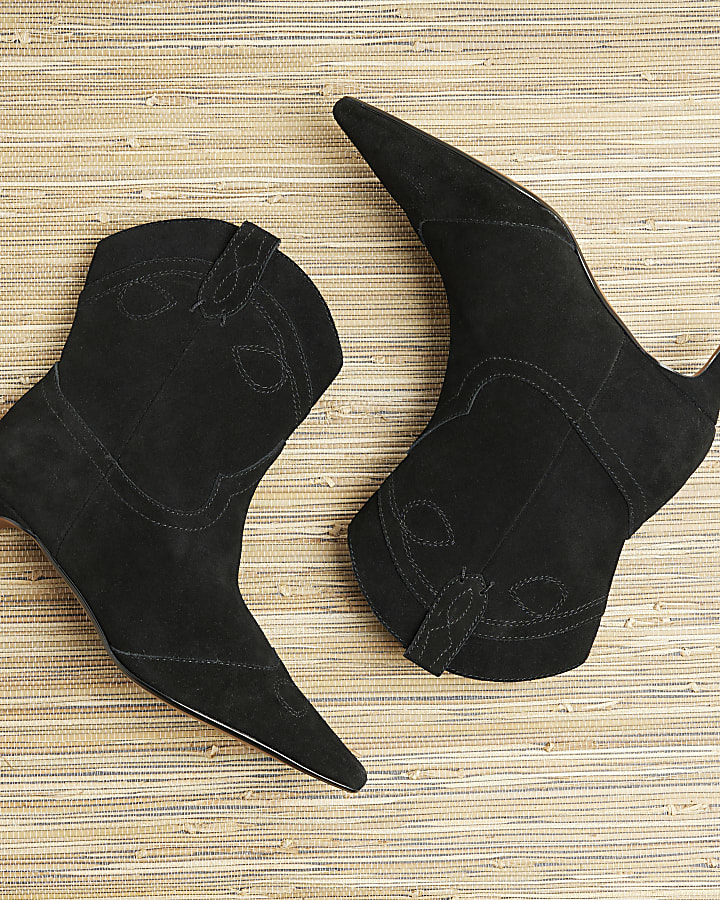 Black Suede Kitten Heeled Western Boots