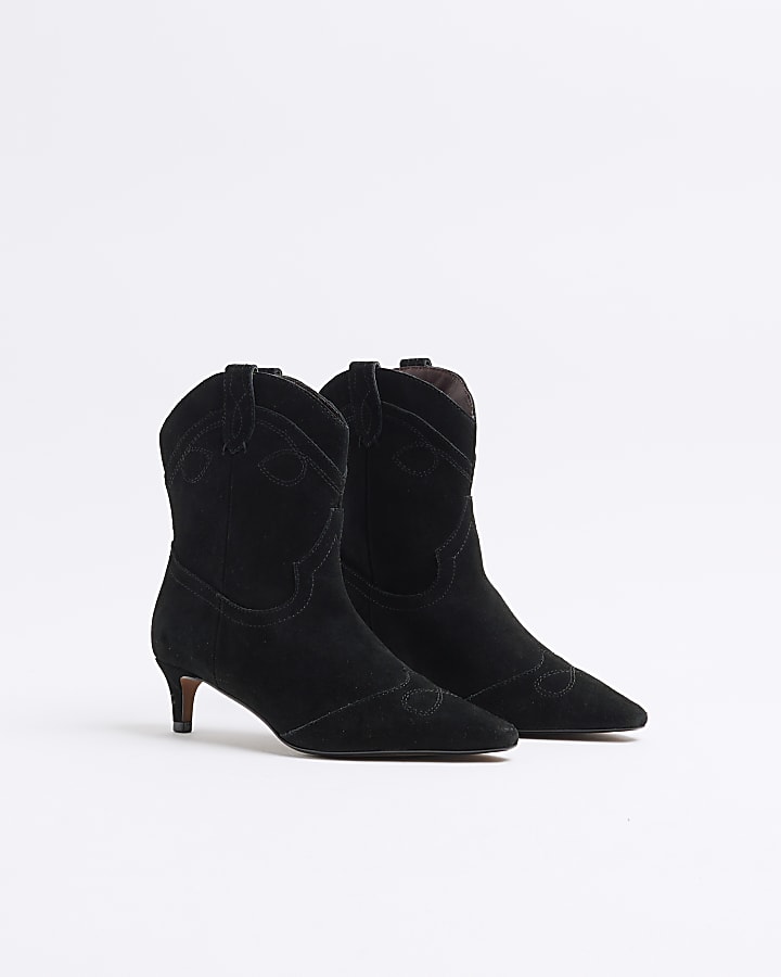 Black Suede Kitten Heeled Western Boots