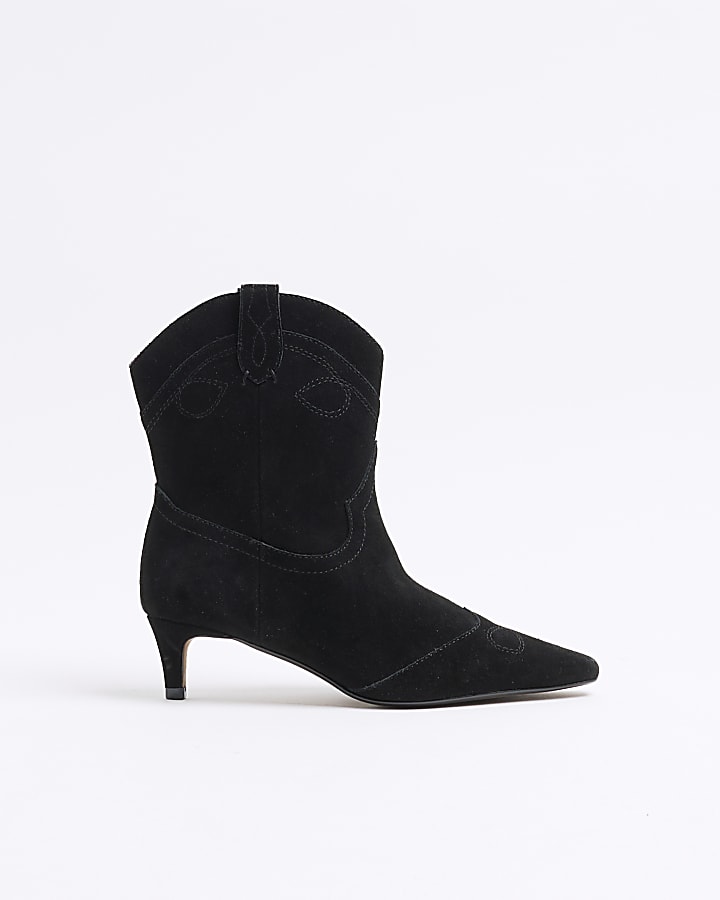 Black Suede Kitten Heeled Western Boots