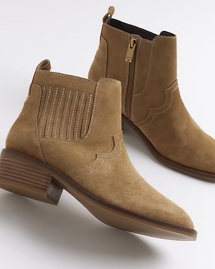 Beige suede block heeled boots