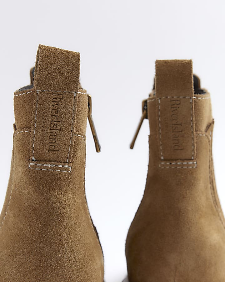 Beige suede block heeled boots