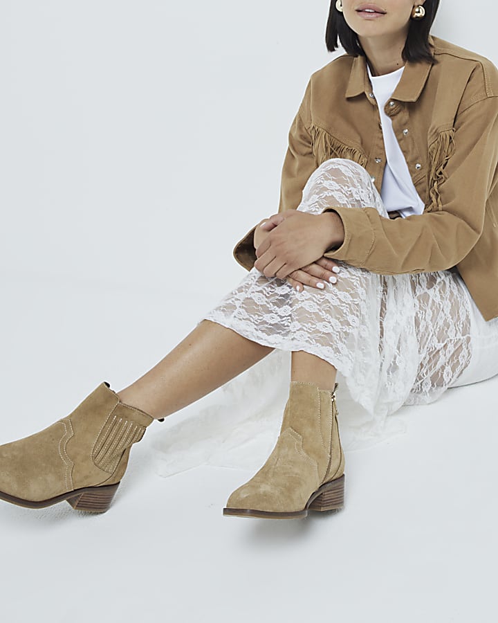 Beige suede block heeled boots