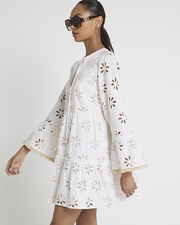 Cream broderie smock mini dress