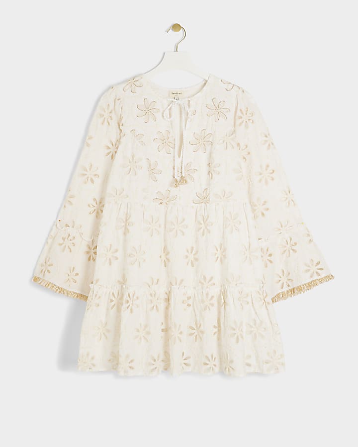Cream broderie smock mini dress