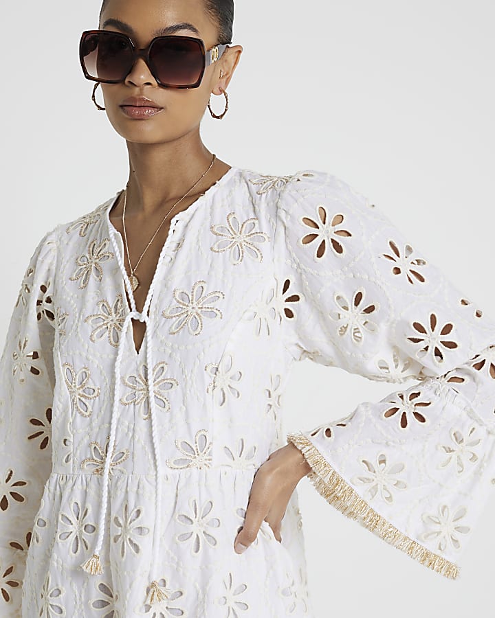 Cream broderie smock mini dress