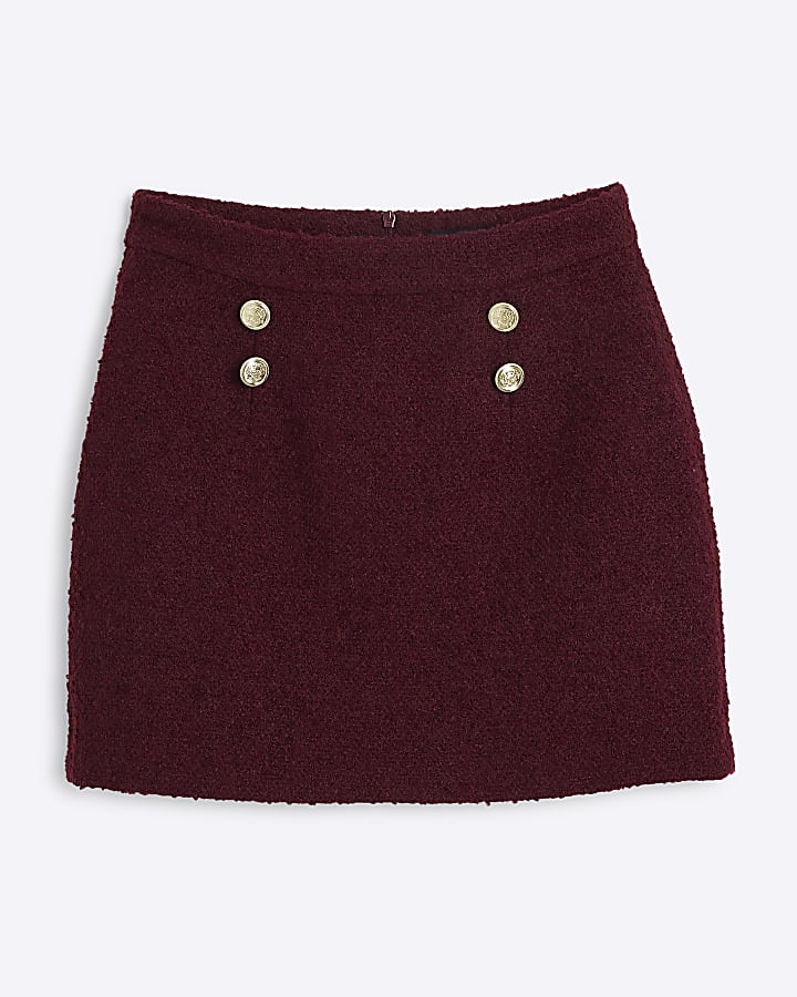 Red boucle button detail mini skirt