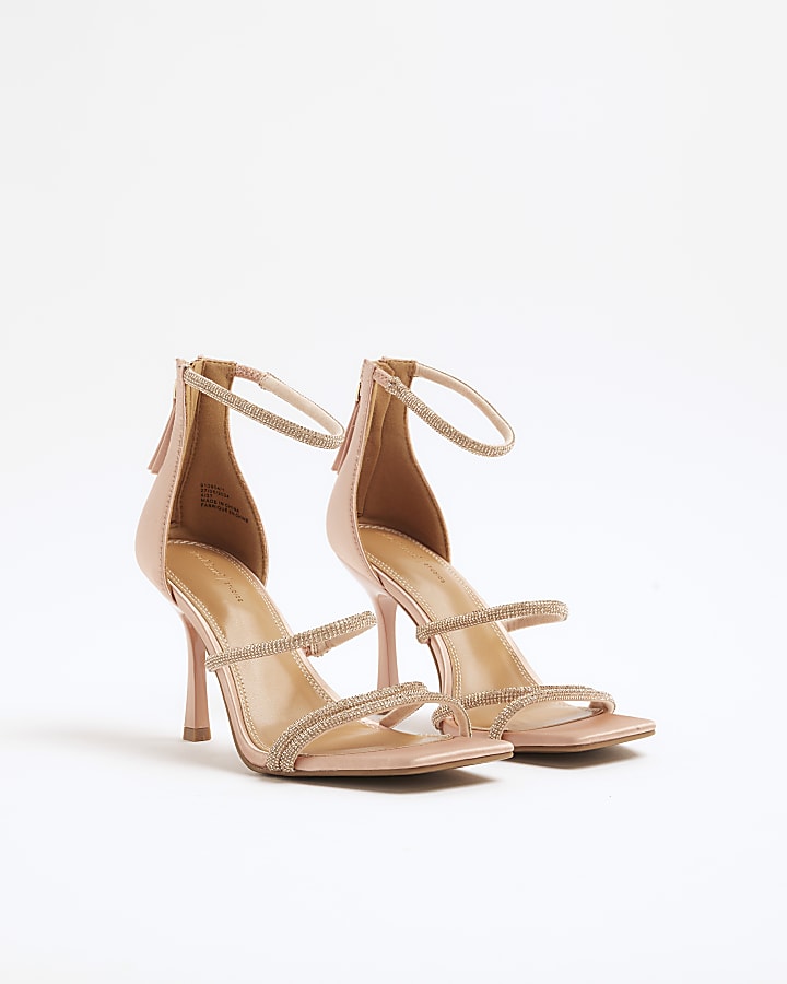 Beige embellished strap heeled sandals