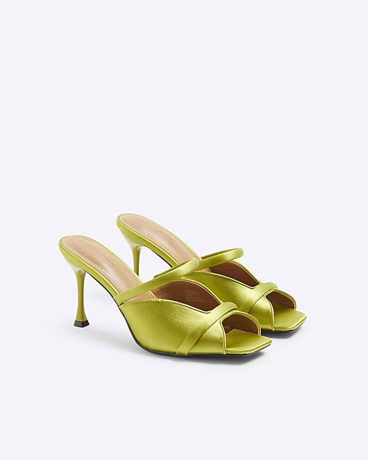 Lime Green Satin Heeled Mule Sandals