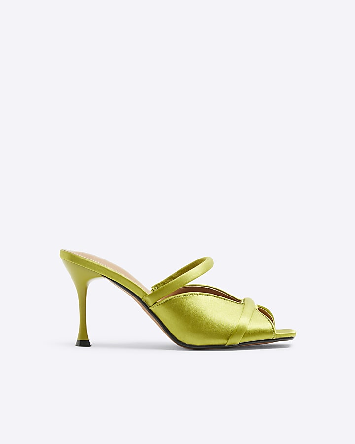 Lime Green Satin Heeled Mule Sandals