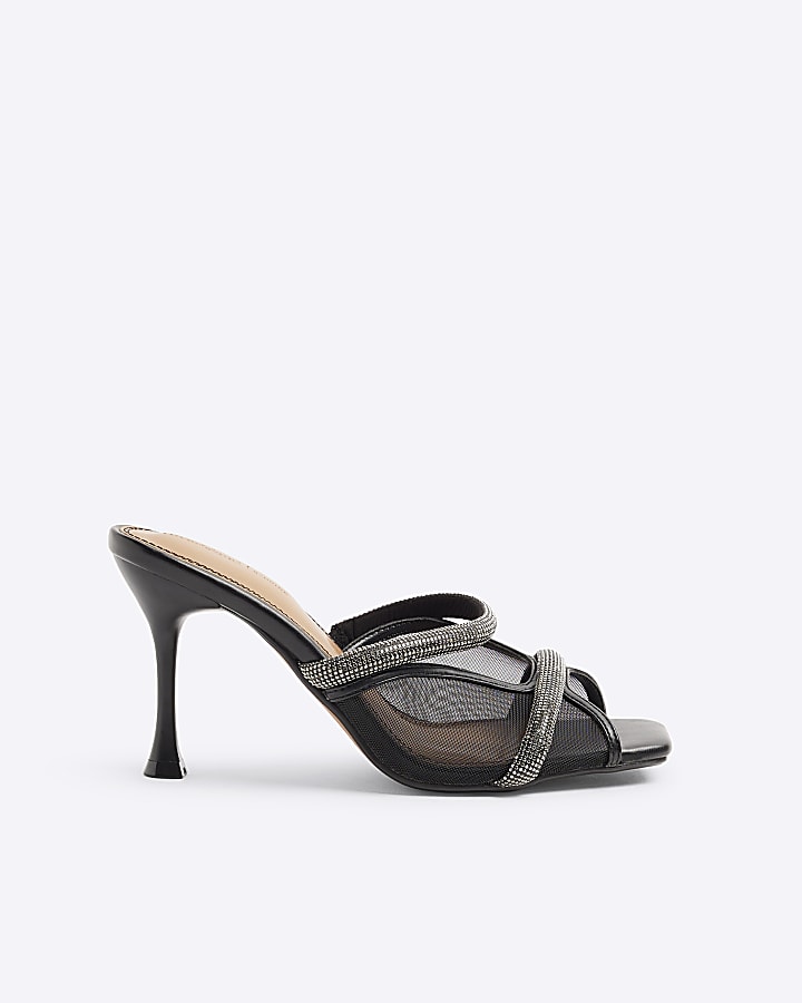 Black Mesh Embellished Heeled Mule Sandals