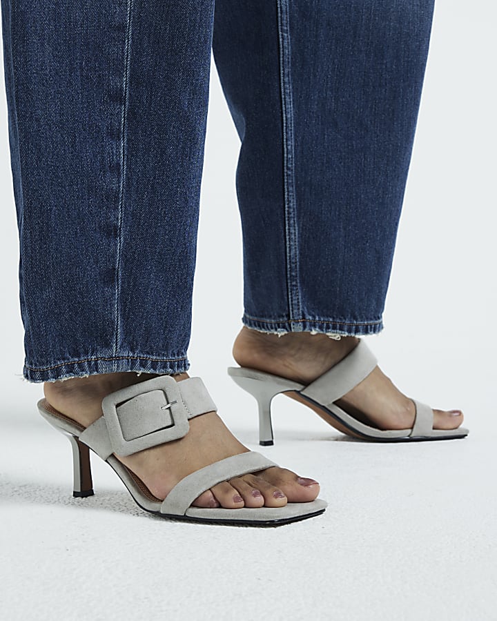 Grey double buckle mule heels