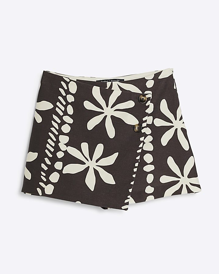 Brown floral wrap skort