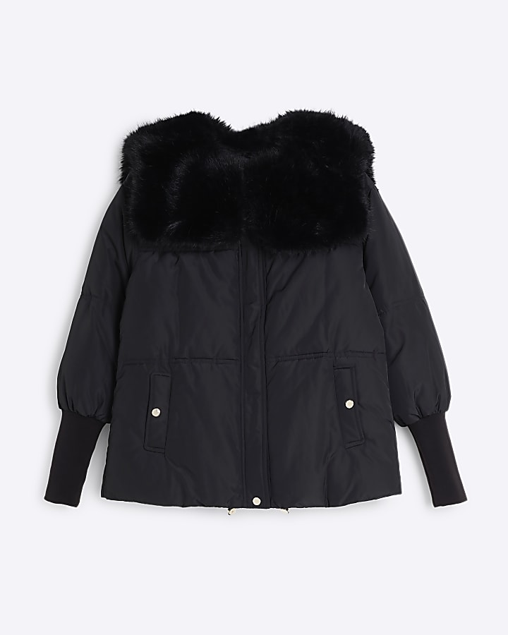 Black Faux Fur Collar Padded Jacket