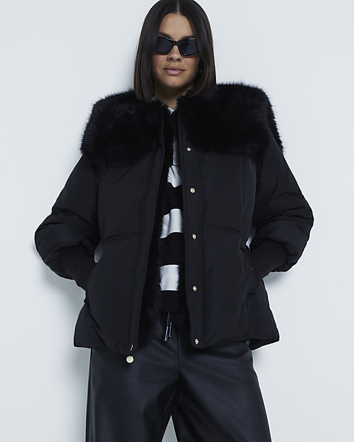 Black Faux Fur Collar Padded Jacket