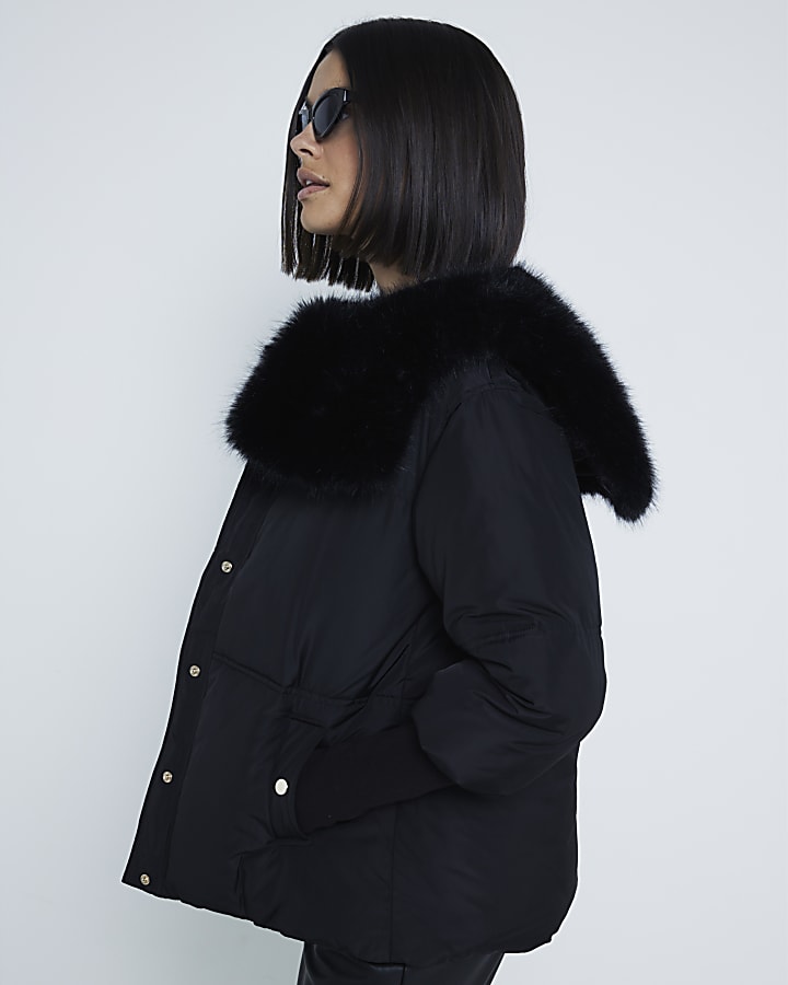 Black Faux Fur Collar Padded Jacket