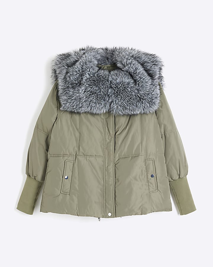 Light khaki padded faux fur collar jacket