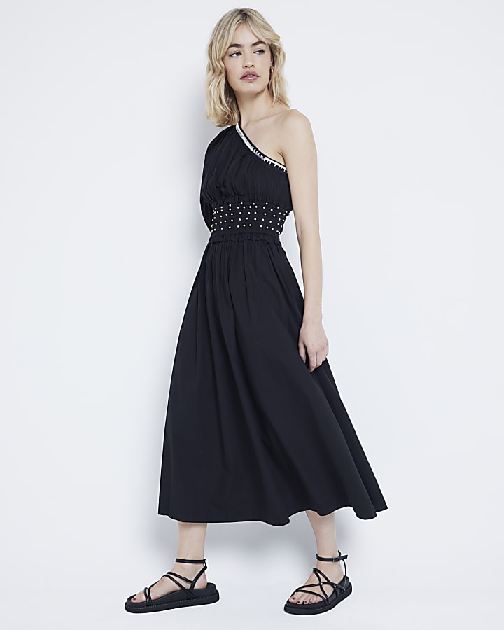 Black one shoulder beaded midi dress