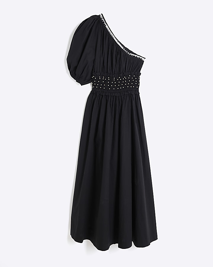 Black one shoulder beaded midi dress